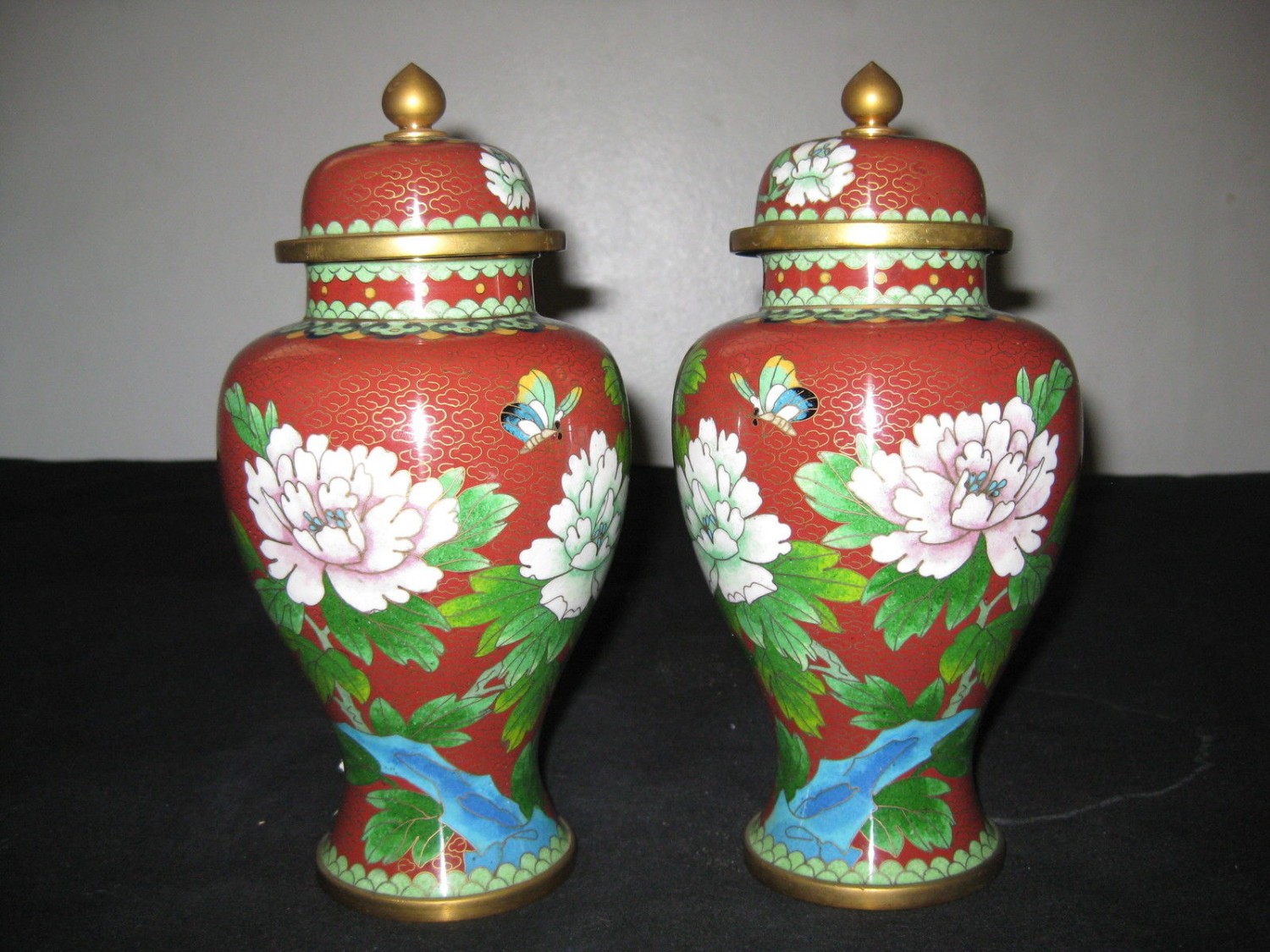 Antique Chinese Pair Cloisonne Enamel Floral Vases With Lid .