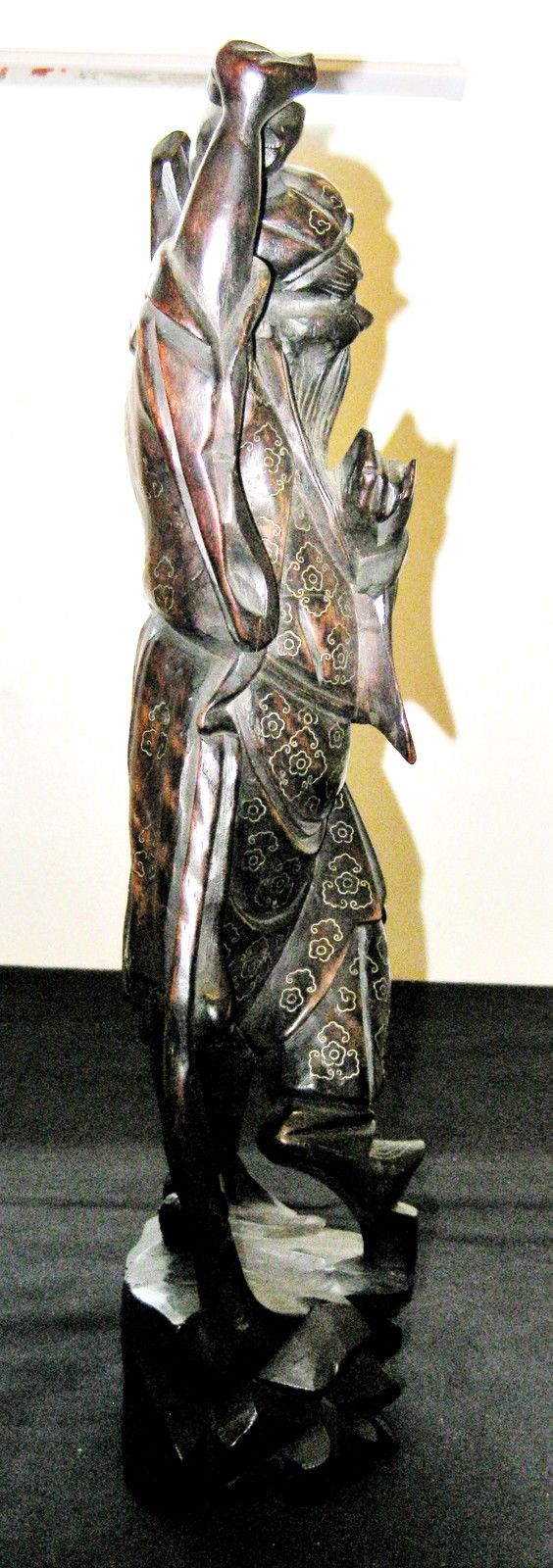 ANTIQUE CHINESE HAND CARVED WOOD STATUE IMMORTALS WITH WIRE INLAY 16"