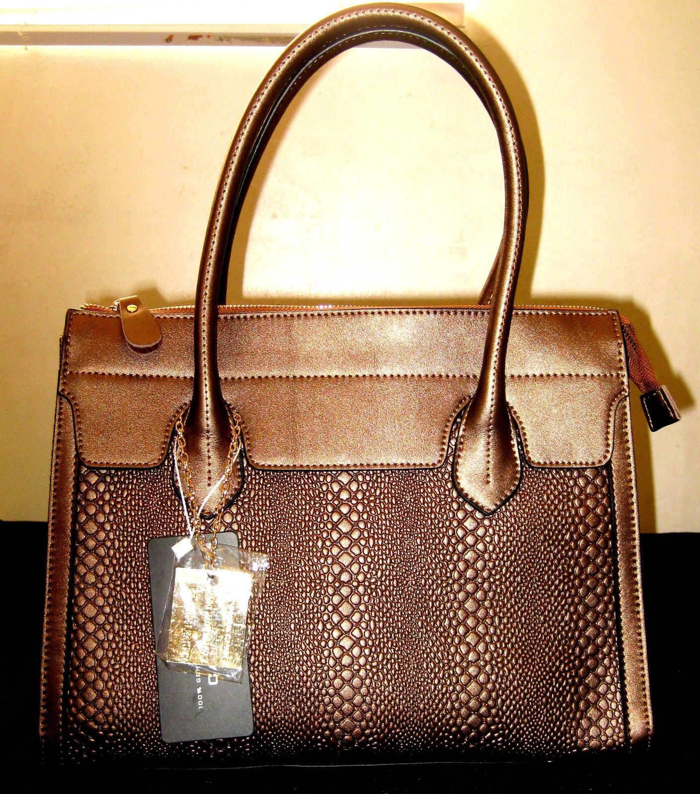 100% Genuine Italy Top Great Cowhide In Snakeskin, Bronze Color Leather Tote