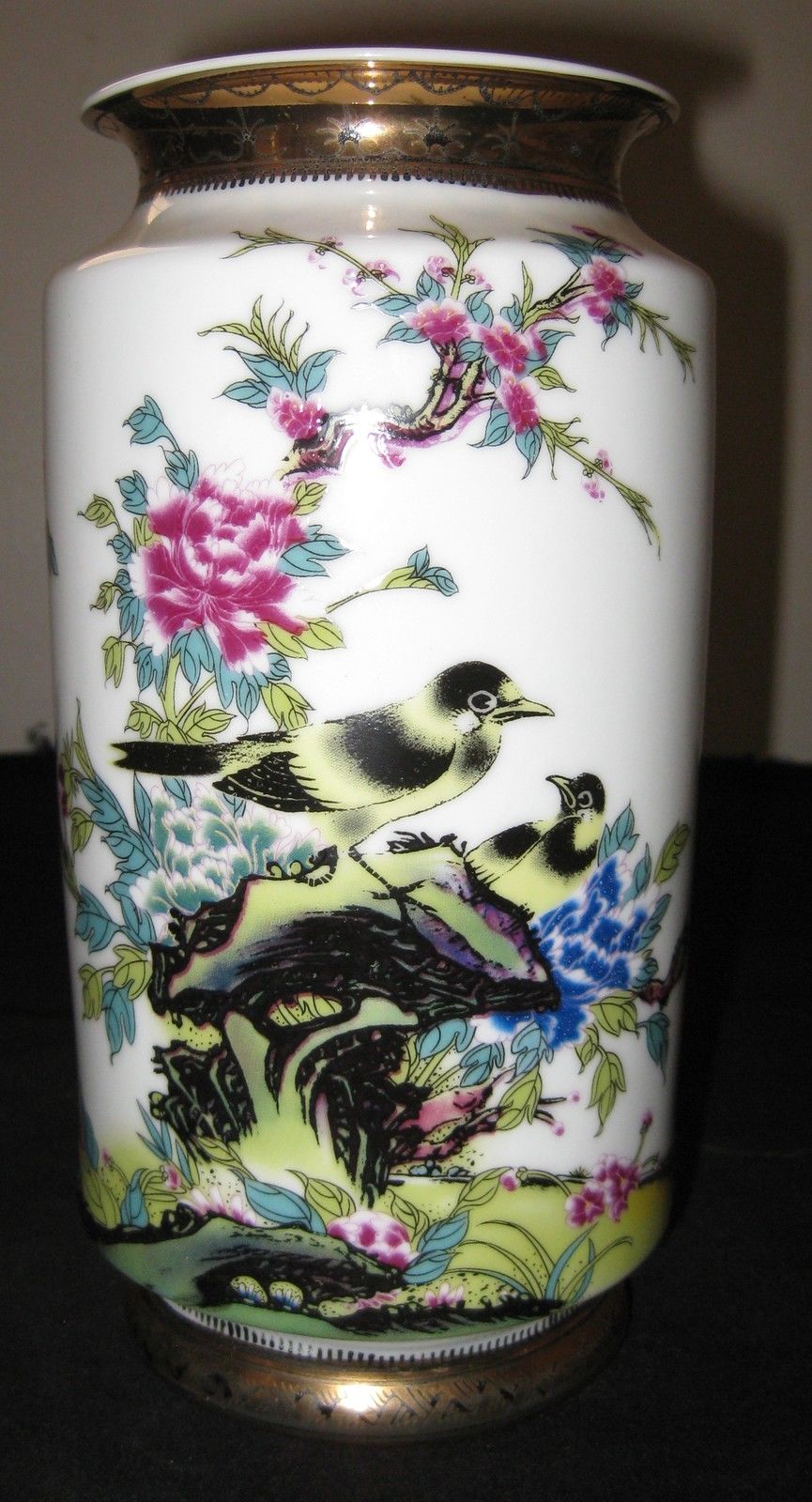 Vintage Chinese Porcelain Gilt Gold Famille Rose Birds &Flower Vase; Qing Period