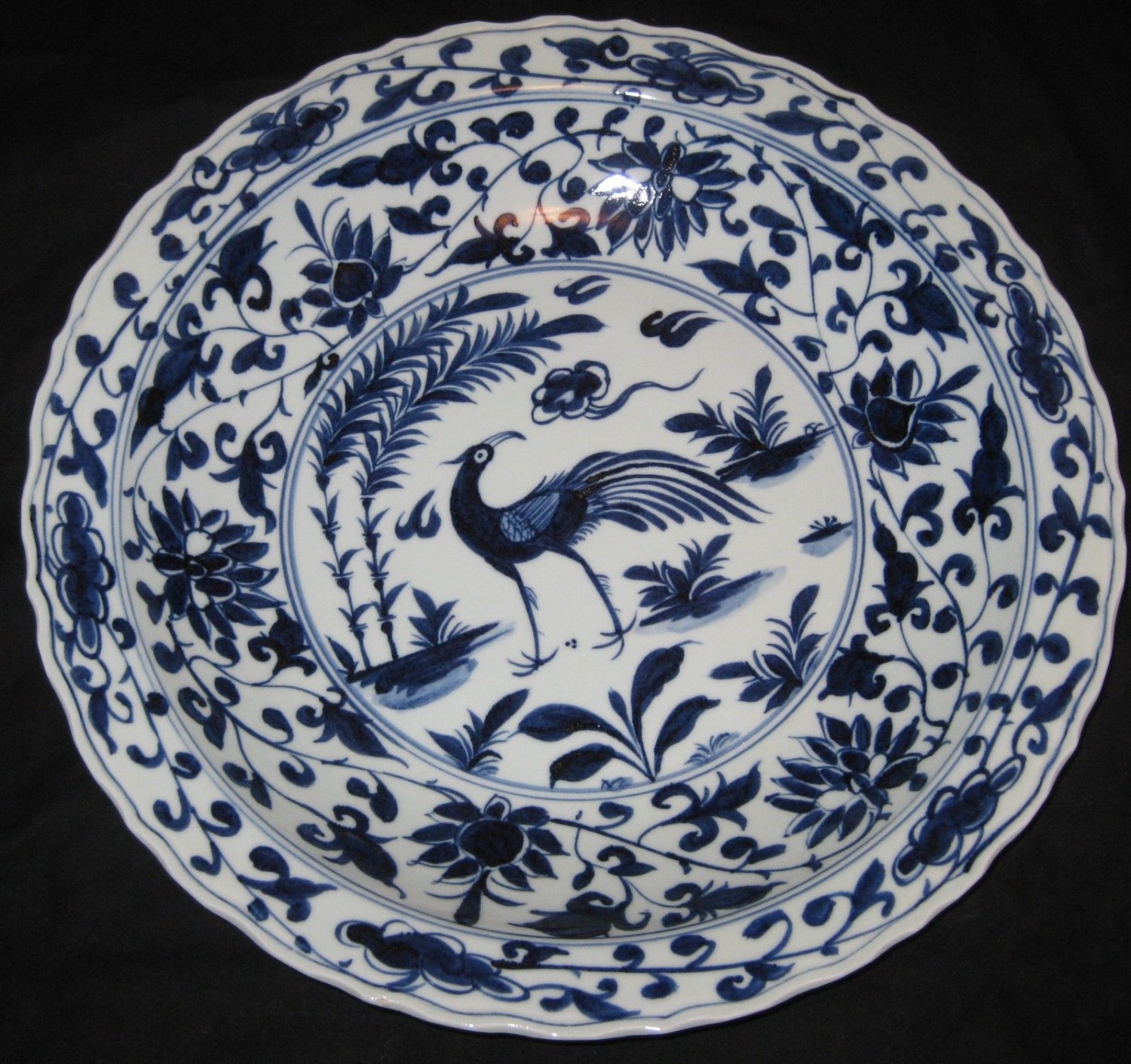 BIG CHINESE PORCELAIN BIRD&FLOWER, 44.5 CM B&W CHARGER, 19TH C,XUANDE MARK.
